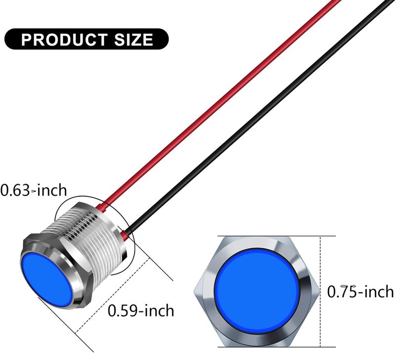 FICOLPO 10 قطع ضوء مؤشر معدني LED مقاوم للماء، 12-24 فولت، ثقب تركيب بقطر 0.63 بوصة، ضوء إشارة طيار موصل مسبقًا للسيارات والشاحنات والقوارب والبحرية والعدادات والكهرباء الصناعية (أزرق، 16 مم) - Image 3